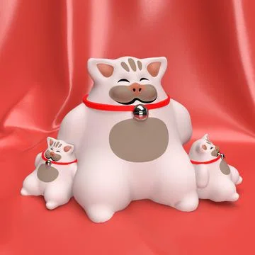 Group of three white, happy, funny, toy kitten. 3d illustration Ilustración de archivo