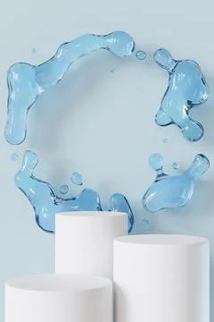 Group of three white podiums with water splash on blue background. Mock up for Stock Illustration
