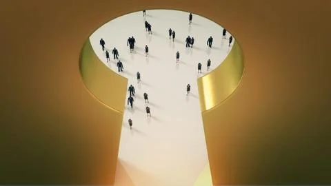 Group of tiny business men and women  going to a keyhole door Stock Illustration
