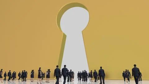 Group of tiny business men and women  going to a keyhole door Stock Illustration