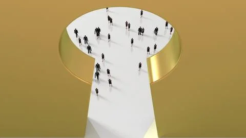 Group of tiny business men and women  going to a keyhole door Stock Illustration