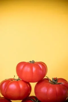 Group of tomatoes in pyramid with yellow background. Stock Photos