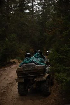 A group of tourists on ATVs go through the forest. Stock Photos