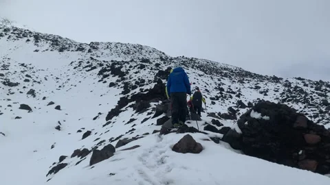 Group of tourists climb the mountain through the snow in the fog Video stock 145181817