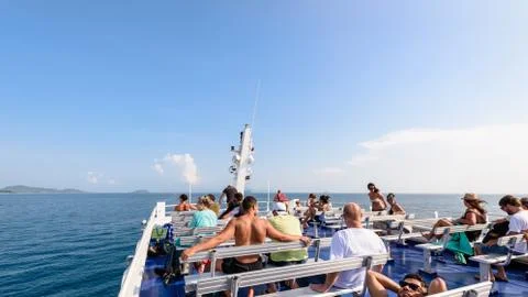 Group of tourists on the deck Stock Photos
