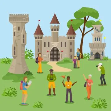 Group tourists excursion medieval ruins, people travel team explore european Stock Illustration