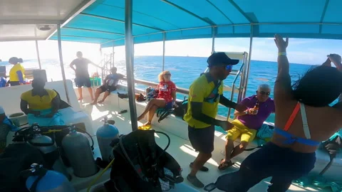 A group of tourists having fun during ride at excursion at Saona Island. Stock Footage 234686250