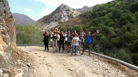 A group of tourists in the mountains Stock Footage 160070853