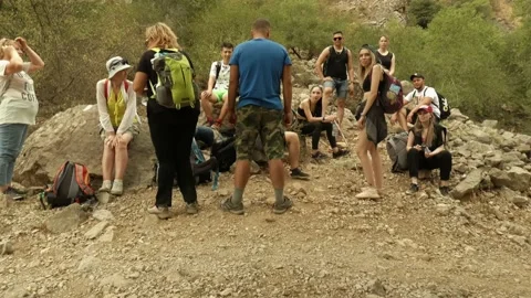 A group of tourists in the mountains Stock Footage 160071551