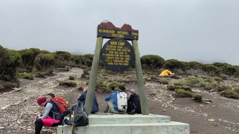 A group of tourists rest at the High Camp stele. Moorland Video stock 168861360