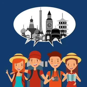 Group of tourists in the vacations speech bubble and monuments 스톡 일러스트