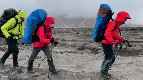 Group of tourists walk through the long-cooled lava fields of Kamchatka Stock Footage 145182008