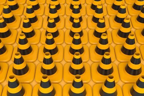 Group of traffic cones for under construction road work in row with hard hat. 库存插图