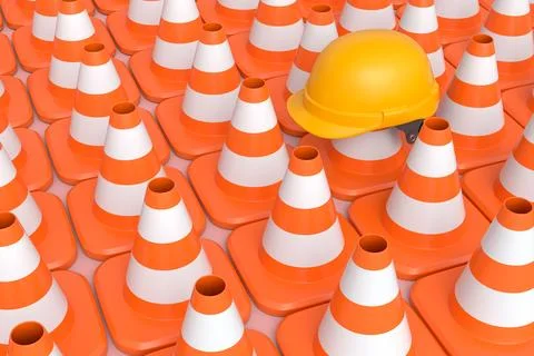 Group of traffic cones for under construction road work in row with hard hat. Stock Illustration