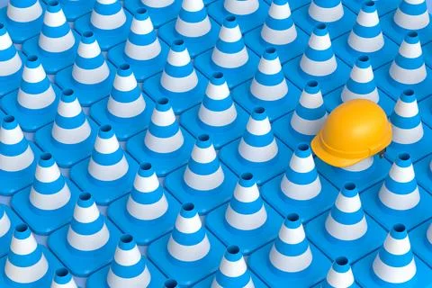 Group of traffic cones for under construction road work in row with hard hat. Stock Illustration