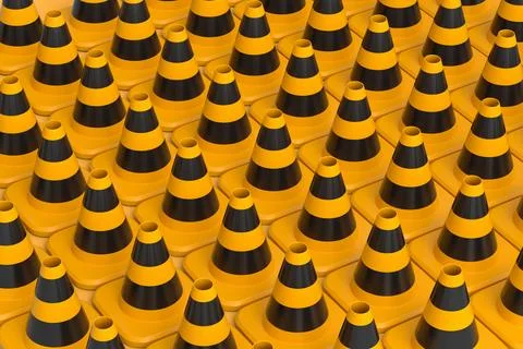 Group of traffic cones for under construction road work in row on white. Stock Illustration