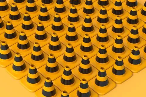 Group of traffic cones for under construction road work in row with hard hat. Stock Illustration