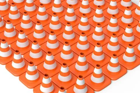 Group of traffic cones for under construction road work in row on white. Stock Illustration