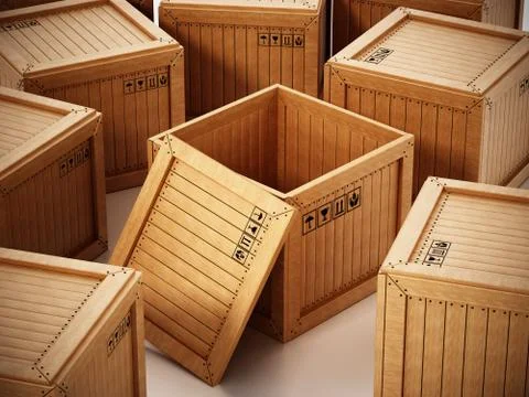 Group of transport crates with one open crate at the center. 3D illustration Stock Illustration