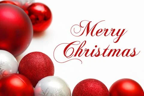 Group of tree ornaments framing merry christmas text Stock Illustration