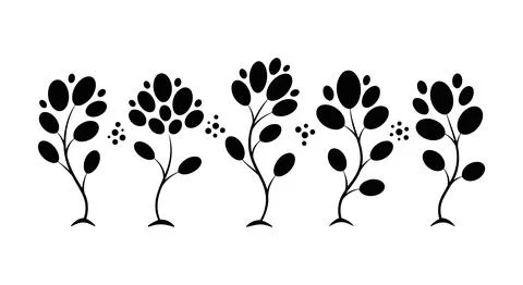 A group of tree silhouettes with leaves blowing in the wind Stock Illustration