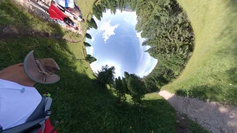 A group of trekkers walk on a alpine path 360 effect tiny planet Stockbeeldmateriaal 114074955