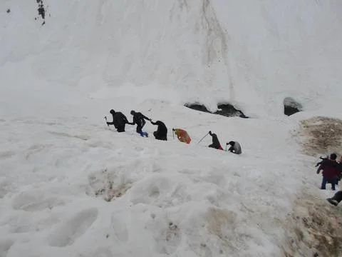 Group Trekking Through Deep Snow in a Mountainous Landscape Stock Photos