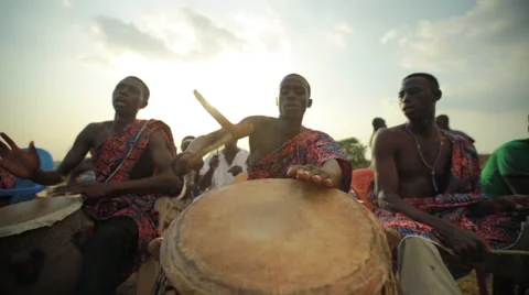 Group of tribes playing drum in field, Ghana Stock Footage 62388271