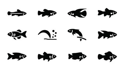 Group of twelve black fish icons showing different poses and body types, su.. Stock Illustration
