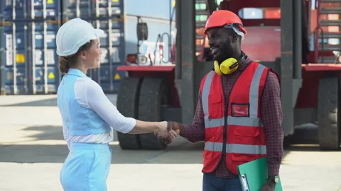 Group of two african american engineer man and inspector Caucasian woman ha.. Stock Footage 248361340