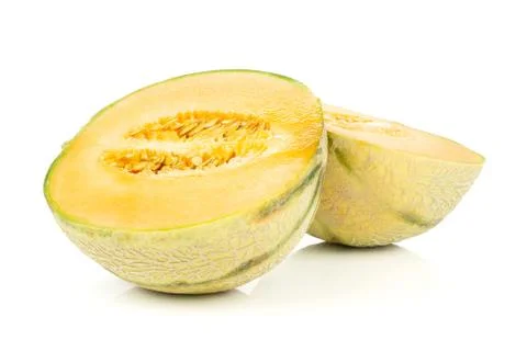 Group of two halves of fresh melon cantaloupe variety isolated on white backg Stock Photos