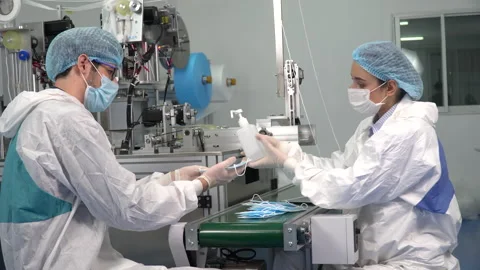 Group of two inspector worker wearing ppe suite, face protective mask and glo Stock Footage 146820066