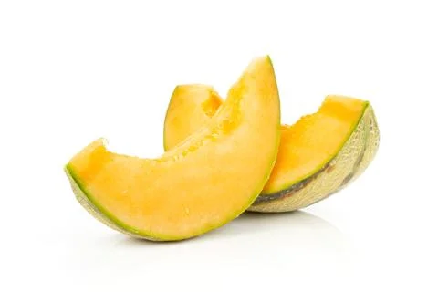 Group of two slices of fresh melon cantaloupe variety without seeds isolated  Stock Photos