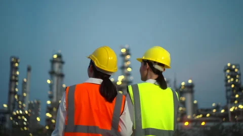 Group two woman engineer use tablet with white safety helmet standing meeting. Stock Footage 273458241