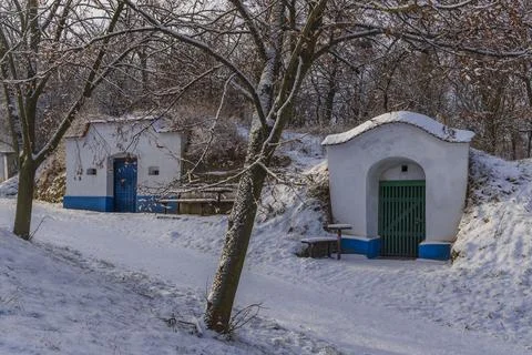 Group of typical outdoor wine cellars in Plze near Petrov, Southern Moravia.. 스톡 사진