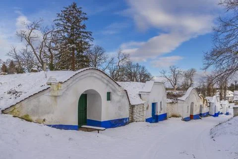 Group of typical outdoor wine cellars in Plze near Petrov, Southern Moravia.. Foto stock