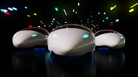 A group of unmanned hovercraft of the future levitates at high speed in abstr Stock Footage 221429745