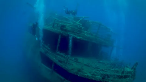 A group of unrecognizable divers explore a sunken shipwreck Stock Footage 262434083