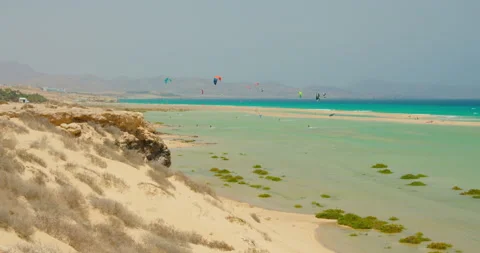 Group of unrecognizable paragliders fly over golden sand beach sea landscape at Stock Footage 201368795