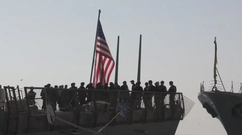 Group of US marines stands on the deck of missile destroyer Stock Footage 54325841