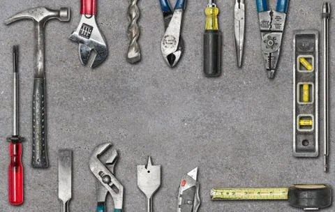 Group of used tools on concrete Stock Photos