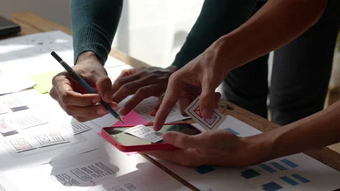 Group of ux developer and ui designer brainstorming about app interface design Stock Footage 220279577