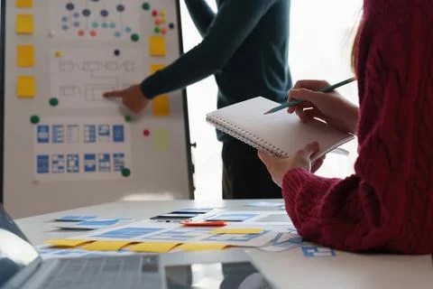 Group of ux developer and ui designer brainstorming about app interface design Foto stock