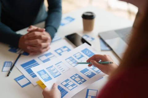 Group of ux developer and ui designer brainstorming about app interface design 스톡 사진