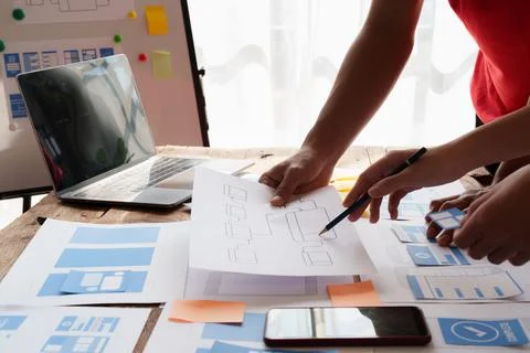 Group of ux developer and ui designer brainstorming about app interface design 写真素材