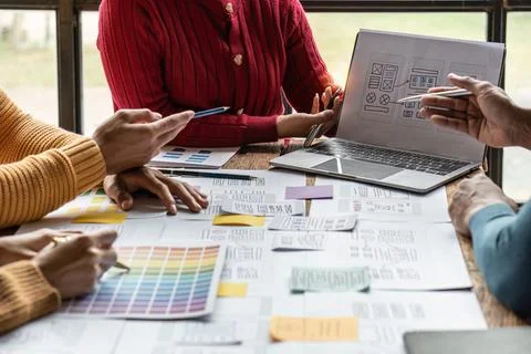 Group of ux developer and ui designer brainstorming about app interface design 스톡 사진