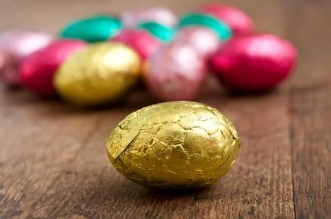 Group of various color chocolate easter eggs Stock Photos