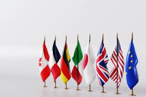 A group of various country flags is arranged in a line on a plain surface. .. Stock Illustration