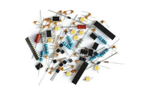 Group of various electronic components on white background Stock Photos