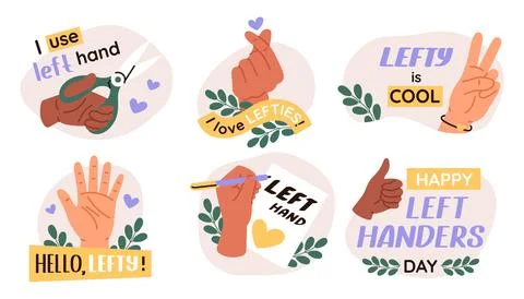Group of vector illustration of left hand. Left handers day stickers. Conce.. Stock Illustration